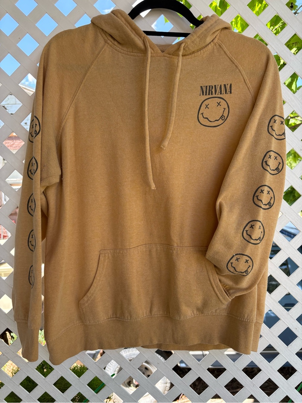 NIRVANA Tan Crewneck Pullover Hoodie with Smiley Logos